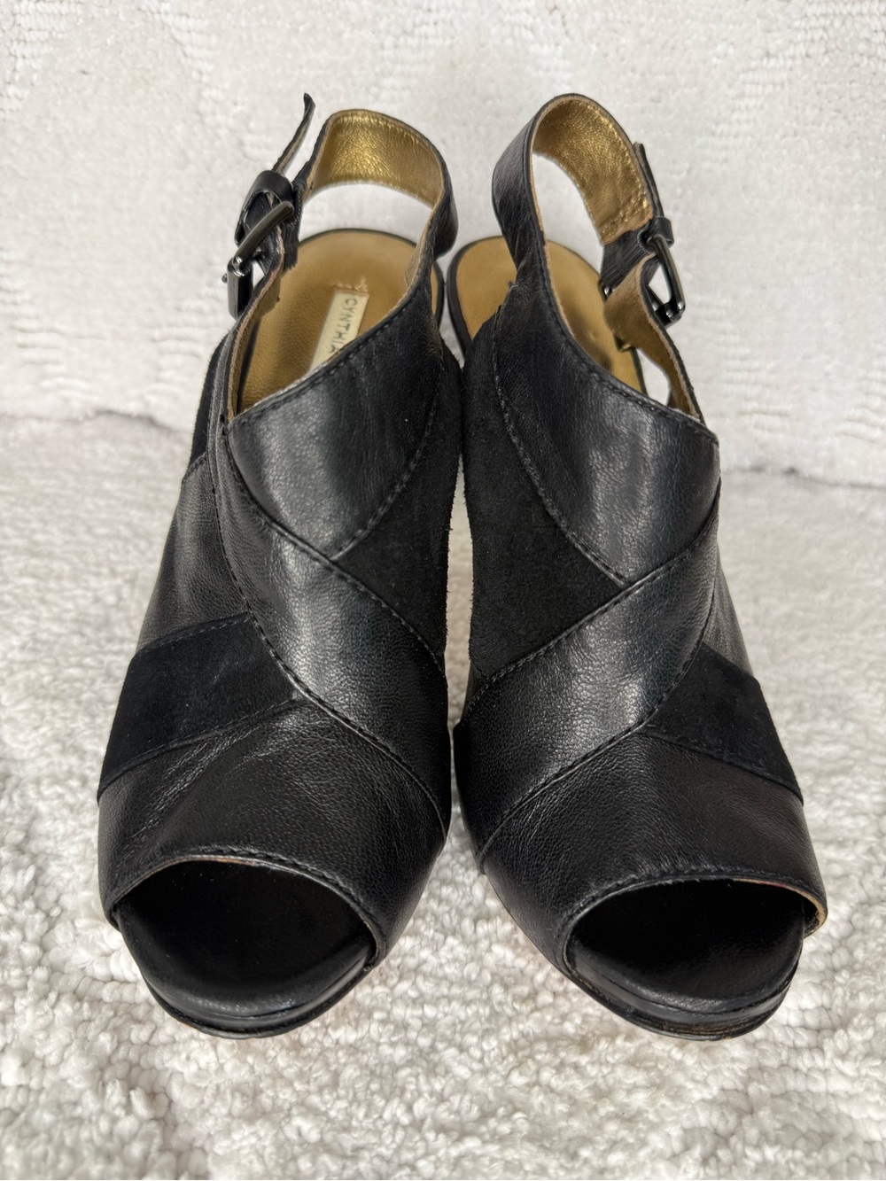 Cynthia Vincent Black Leather Suede Peep Toe Slingback Stiletto Heels 6.5